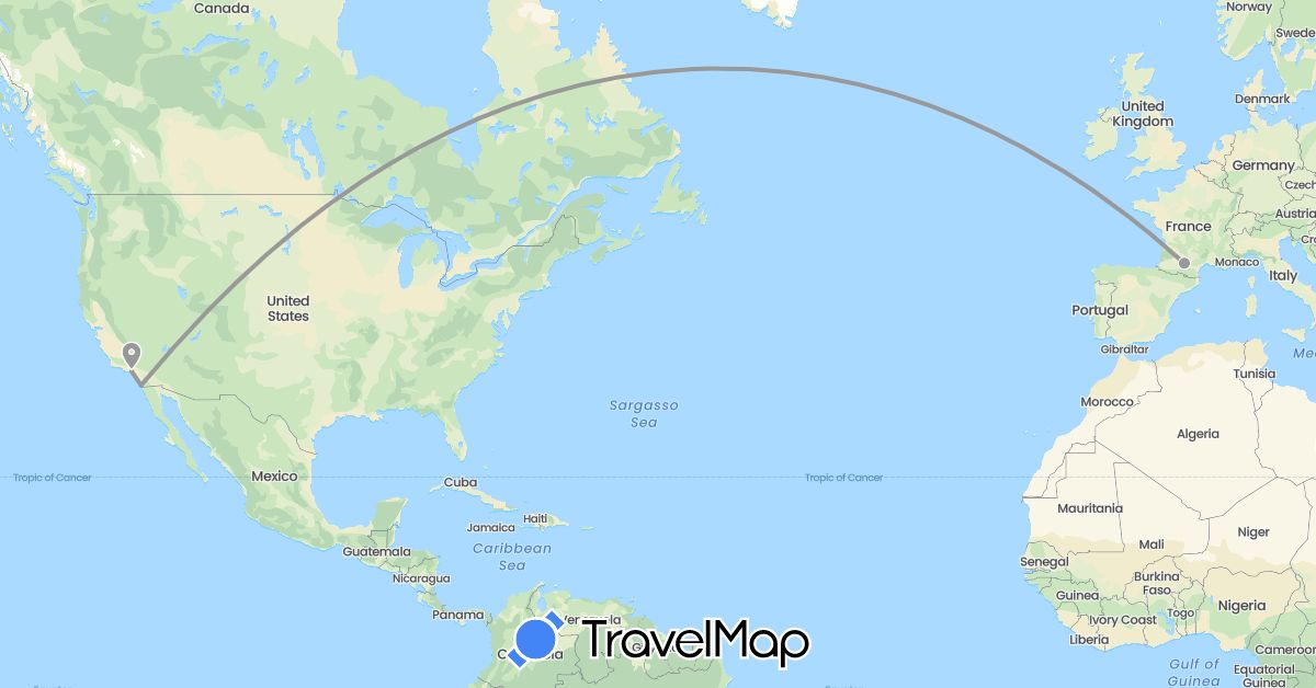 TravelMap itinerary: plane in France, United States (Europe, North America)